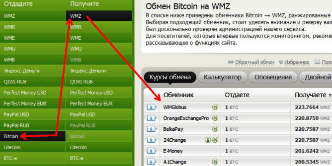 обмен биткоин на WMZ при помощи BestChange